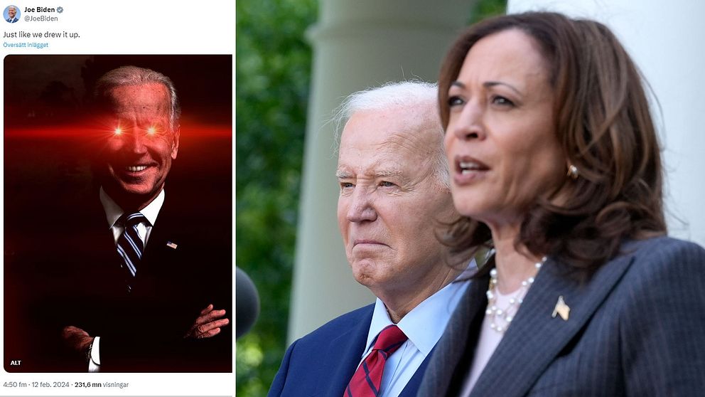 Till vänster syns skärmdump från X där man ser Joe Biden stå med armarna i kors och hans ögon lyser i rött. Till höger står Kamala Harris i förgrunden och Joe Biden bakom henne.