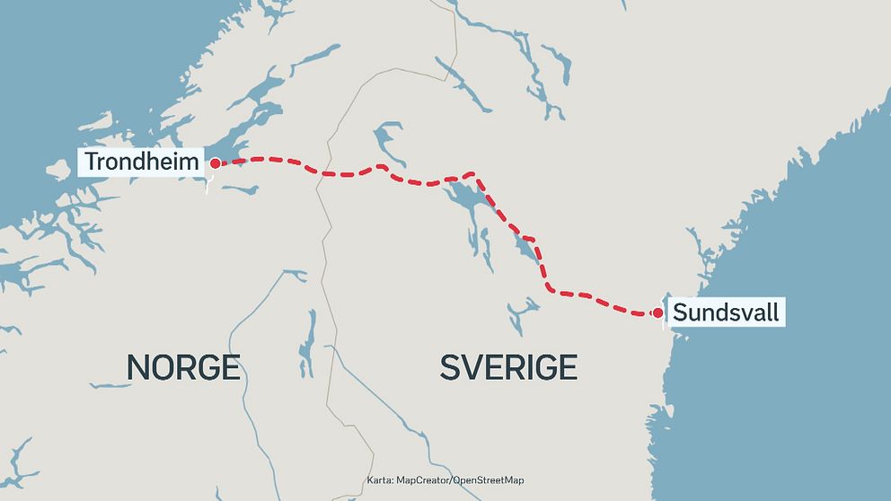 Karta som visar en sträcka markerad med röd prickad linje från Trondheim i Norge till Sundsvall i Sverige.