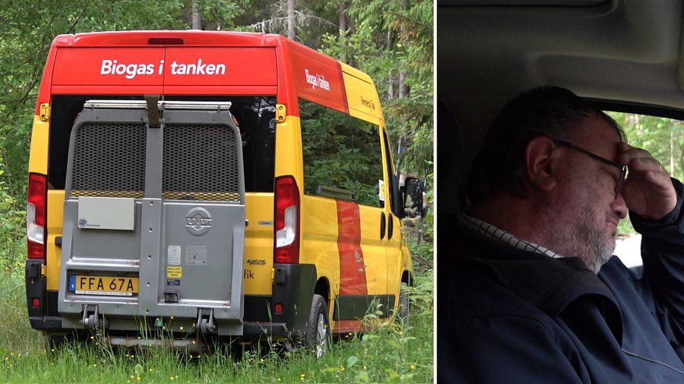 en biogasbuss i skogen och en förtvivlad ägare