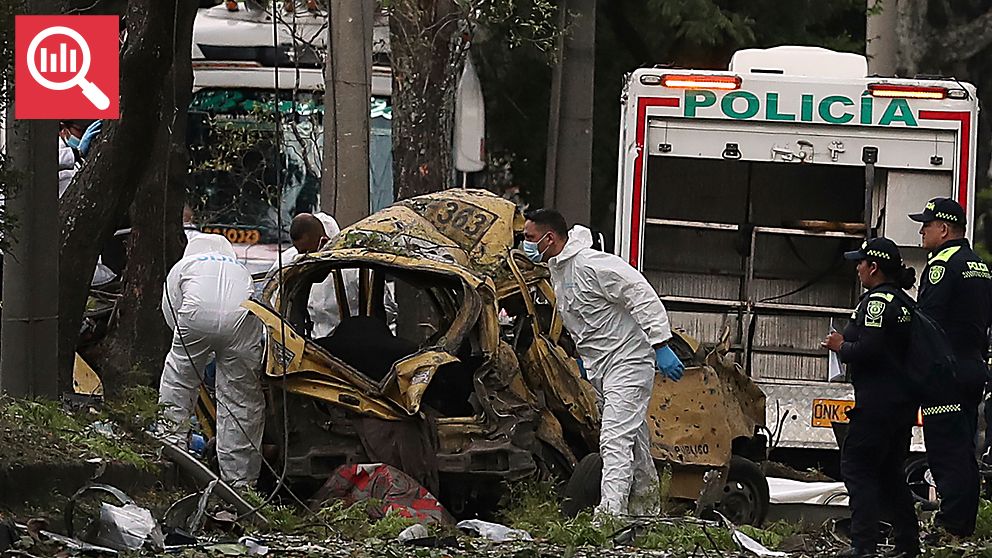 Polis och kriminaltekniker undersöker en utbränd bil efter ett attentat i Colombia.