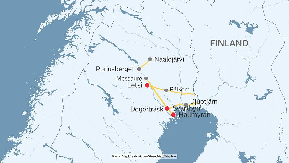 Karta över Norrbottens län där tänkta nya kraftledningar är markerade.