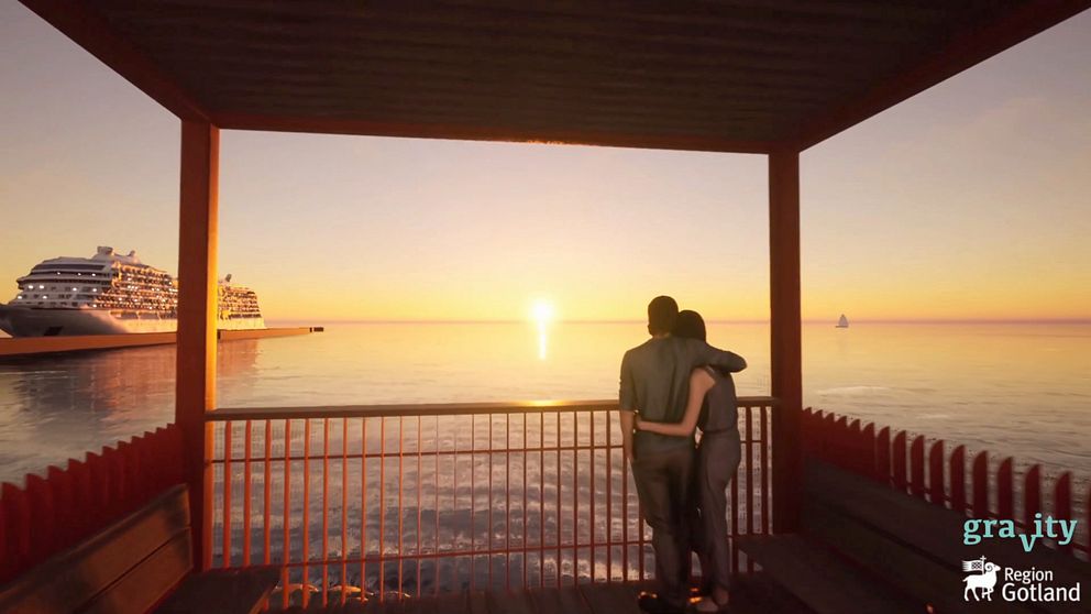 En stillbild från en 3d-animation där ett par håller om varandra i solnedgången.