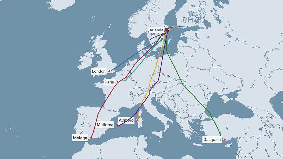 Karta över planen som dirigerades om vid Arlanda