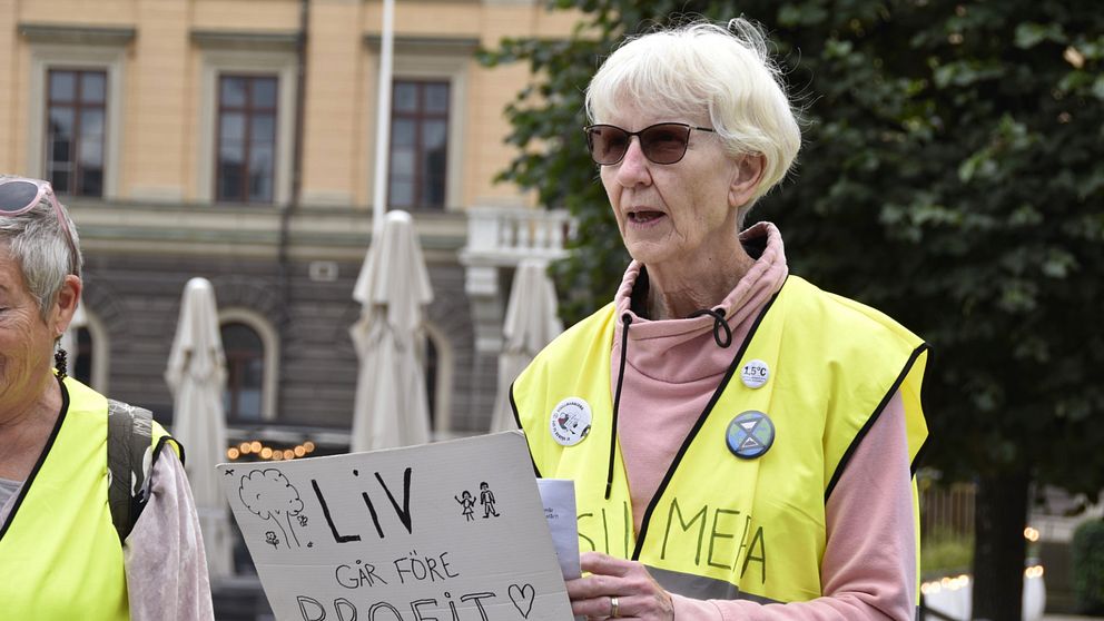 Kvinna protesterar för klimatet i Gävle.