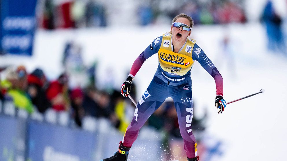 Längdåkaren Jessie Diggins från USA, i damernas 10 km fristil i Tour de Ski, 7 januari 2024 i Val di Fiemme.