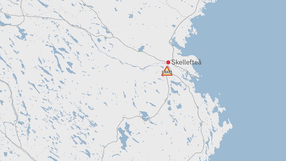karta över norra Västerbotten med Skellefteå och olyckan på riksväg 364