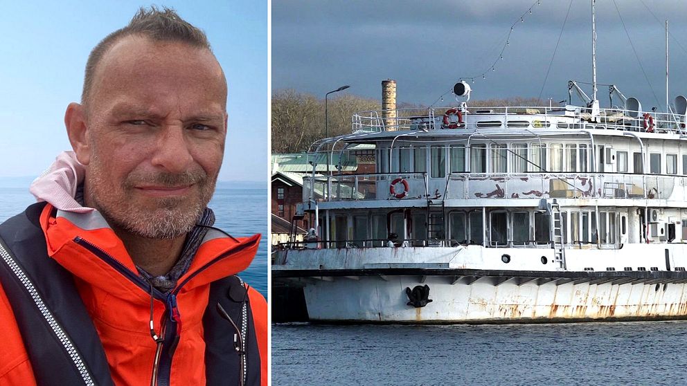 Tvådelad bild: Till vänster syns en person i orangea kläder med ett oidentifierat föremål i bakgrunden. Till höger finns en bild av ett större fartyg liggande för ankar vid en kaj.