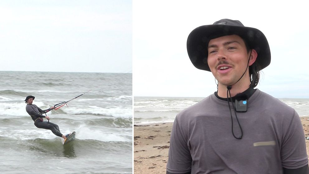 Till vänster en bild på en kitesurfare, till höger Jakob Nilsson.