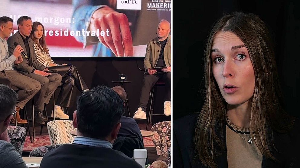 En delad bild som visar ett offentligt evenemang i Örebro. Den vänstra sektionen visar en paneldiskussion med tre personer som sitter på barstolar, med en skärm i bakgrunden som visar texten ”imorgon: presidentvalet”. Den högra sektionen visar reporter i närbild med fokus på ansiktet och en mörk bakgrund.