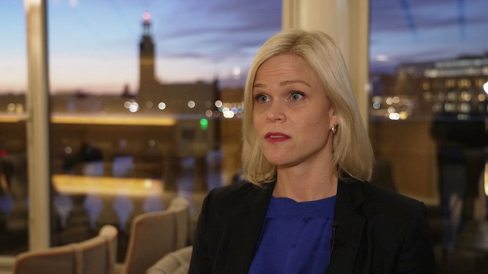 biträdande arbetsmarknadsminister Paulina Brandberg (L) – en kvinna med blond page som intervjuas i riksdagshuset