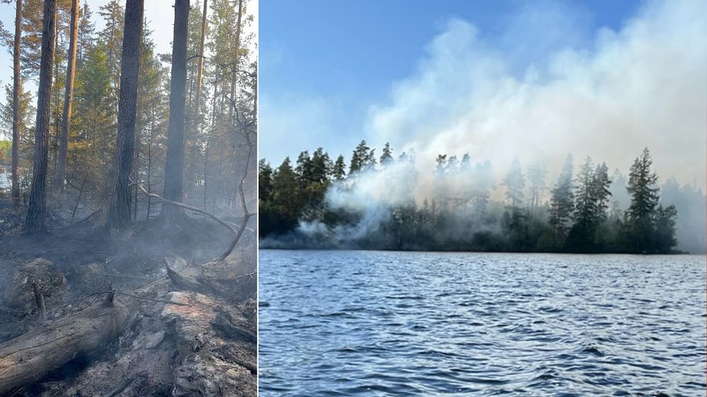 Splitbild. Till vänster, förkolnat trä på ön. Till höger, Rökpelare från ön.