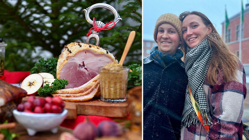 En delad bild som visar två sektioner. Den vänstra sektionen visar ett julbord med en skinka, inlagd senap, äpplen. Den högra sektionen föreställer Johan Skoogh och Louise Hellgren Skoogh. De står nära varandra på Rådhustorget i Umeå. De har på sig varma kläder och omgivningen är prydd med snö.