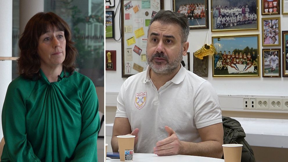 Ett kollage med två bilder. En kvinna med grön tröja från Södertälje kommun i vänstra och Assyriska FF ordförande i högra.
