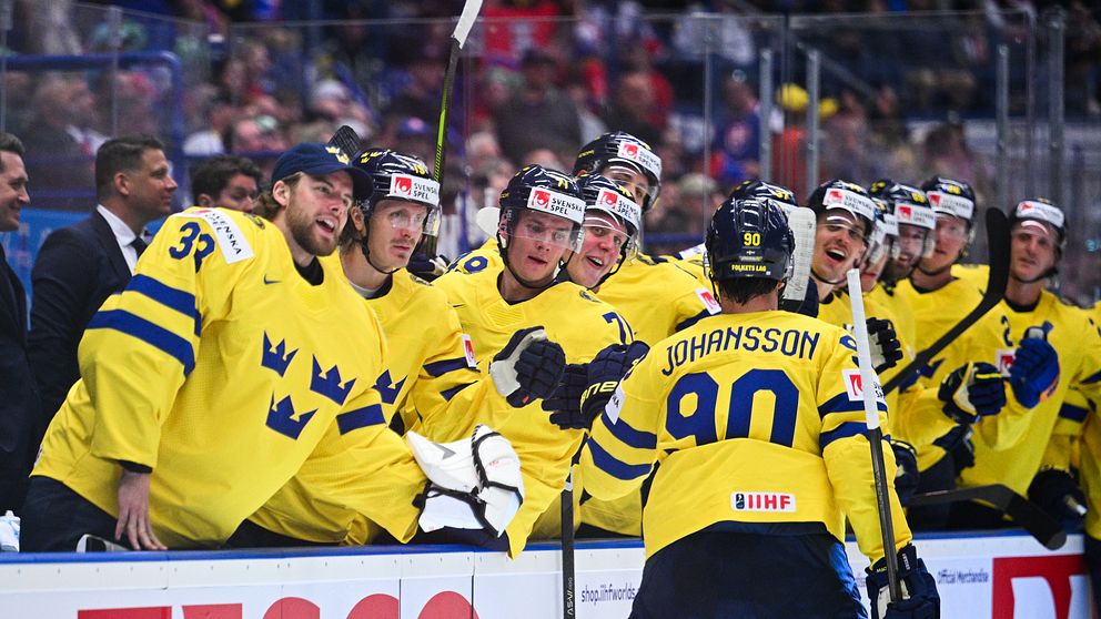 Svenskt jubel efter ett av målen i VM-premiären mot USA.