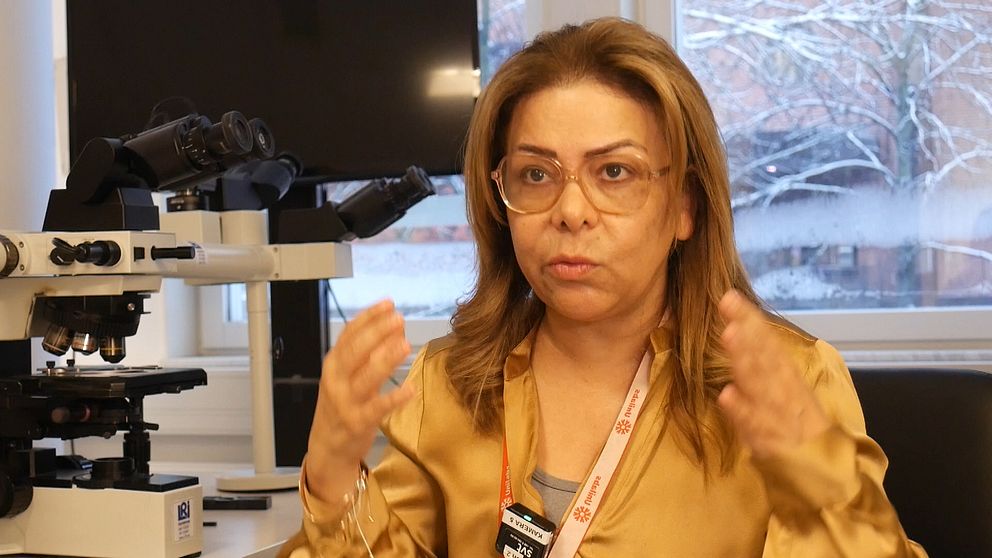 En person sitter bredvid ett mikroskop i ett laboratorium, gestikulerar med händerna och bär en gyllene skjorta.