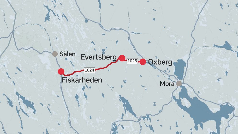 En karta över vägen mellan Mora och Sälen, den så kallade Vasaloppsvägen.
