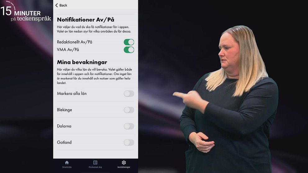 Johanna Kankkonen pekar på ”Mina bevakningar” i VMA-appen.