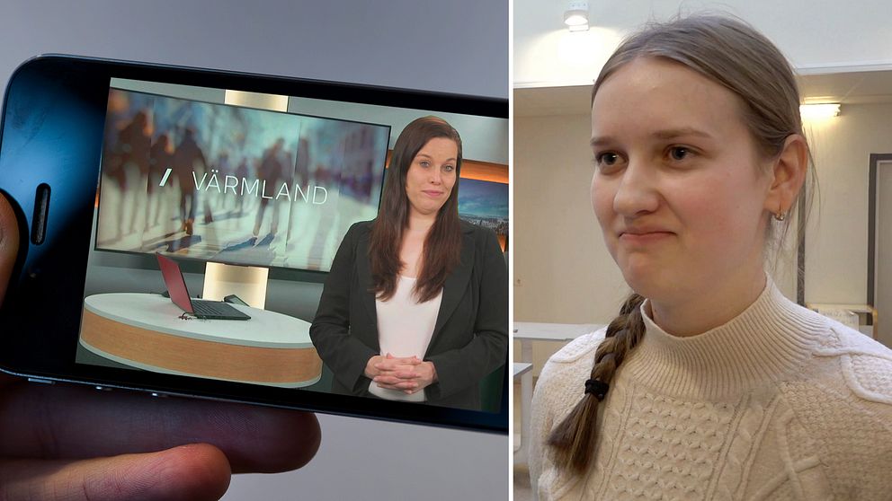 Det är en tvåsplitbild. I ena hälften av klippet syns ett videoklipp i en mobil och i den andra syns en tjej som ser konfunderad ut.