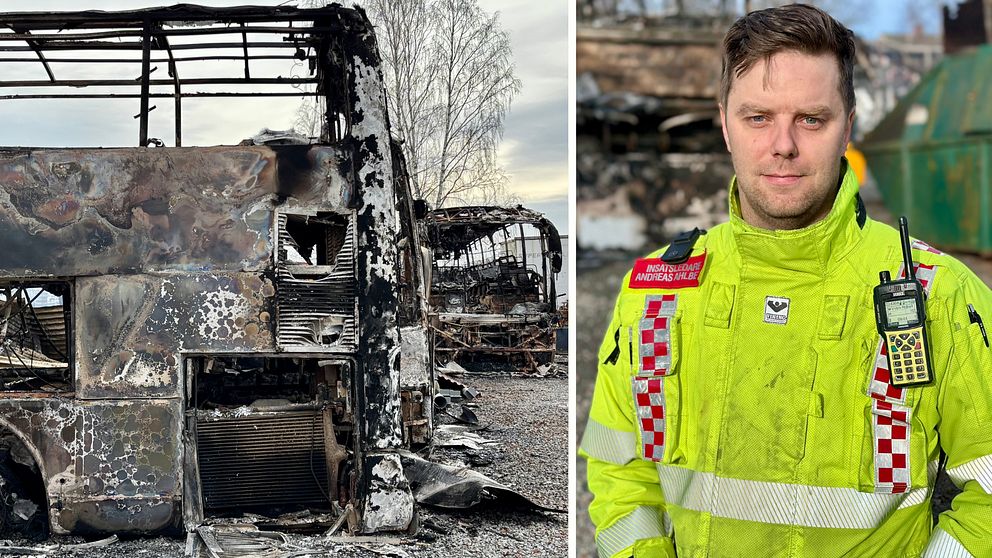 Delad bild. Vänster: Utbränd buss. Höger: Person i gul räddningsuniform.