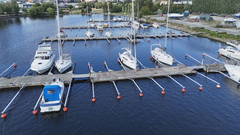 Flera segelbåtar är förtöjda vid en marin med flytbryggor, omgivna av stilla vatten. I förgrunden syns en blå båt vid kajen, medan flera andra båtar är fördelade längs med bryggan. I bakgrunden kan man skymta grönskande områden och byggnader.