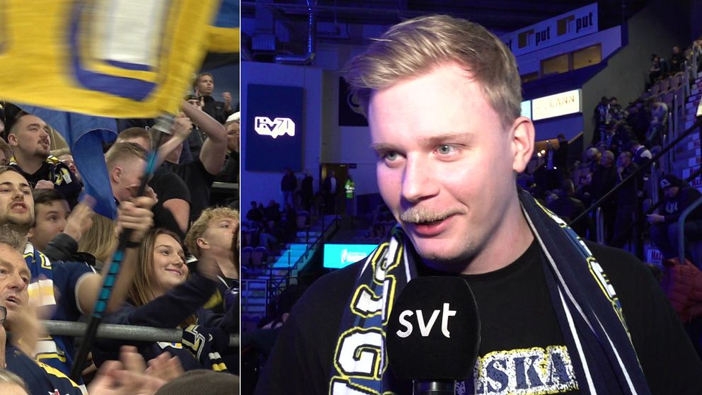 En delad bild som visar två scener från en sportevenemang. Den vänstra sidan visar en entusiastisk publik som viftar med flaggor och hejar, medan den högra sidan visar en person som intervjuas av en reporter med en mikrofon som har ”svt” på den. Personens klädsel visar stöd för ett lag med en halsduk i lagets färger.