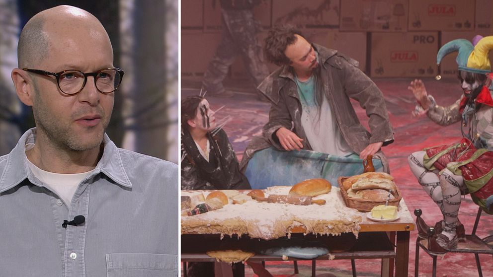 Tvådelad bild. Vänster: person i grå skjorta. Höger: TV-scen med personer vid dukat bord.