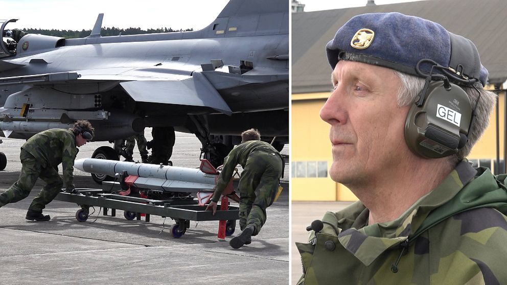 Delad bild. Till vänster: militär lastar stridsflygplan. Till höger: Mats-Uno Runesson, stf. chef för helikopterflotiljen, med hörselkåpor.