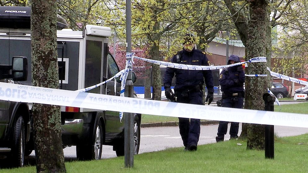 Poliser arbetar vid ett avspärrat område utomhus med polisband runt träd och fordon.