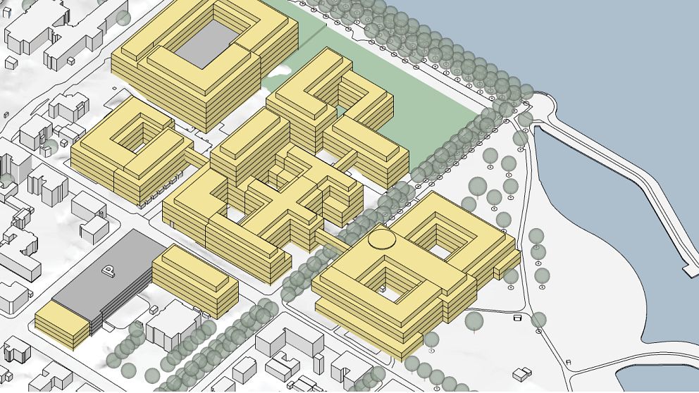 Illustration över en tänkbar bygnation vid centrallasarettet i Växjö
