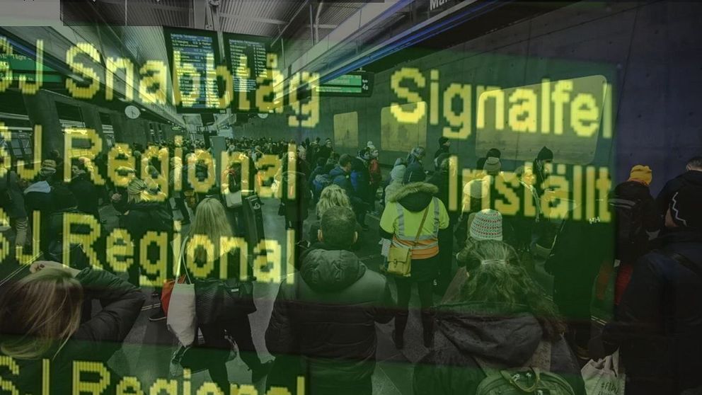 Montage med texten ”snabbtåg signalfel regional inställt” och tågpassagerare