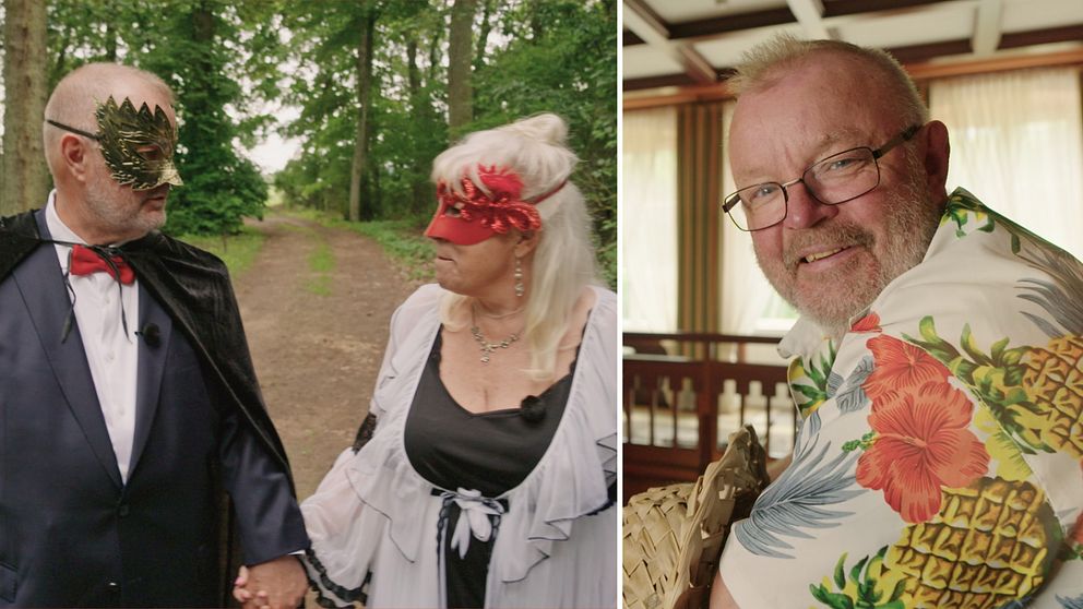 Tvådelad bild. Vänster: Par i maskeraddräkt i skogen. Höger: Person med blommig skjorta inomhus.