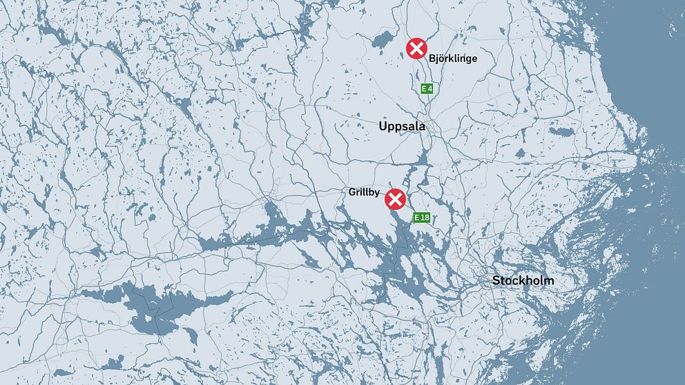 Karta över området från Stockholm till norr om Uppsala med markeringar vid Bålsta och Knivsta, indikerade med röda kryss.