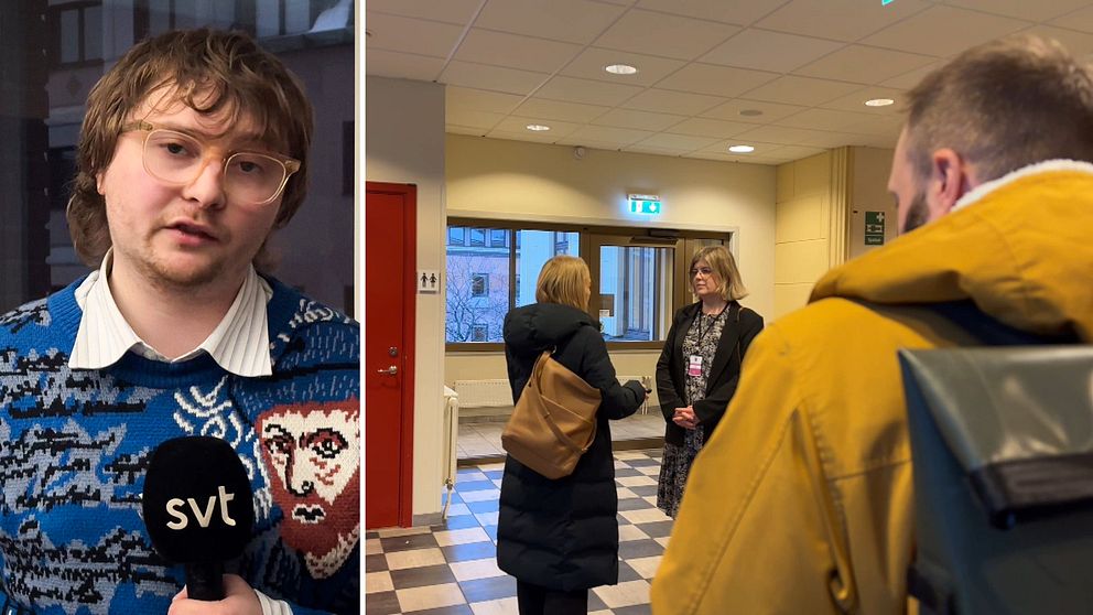 Till vänster SVT:s reporter Morgan Kringstad, till höger tre personer som står i tingsrätten i Karlstad