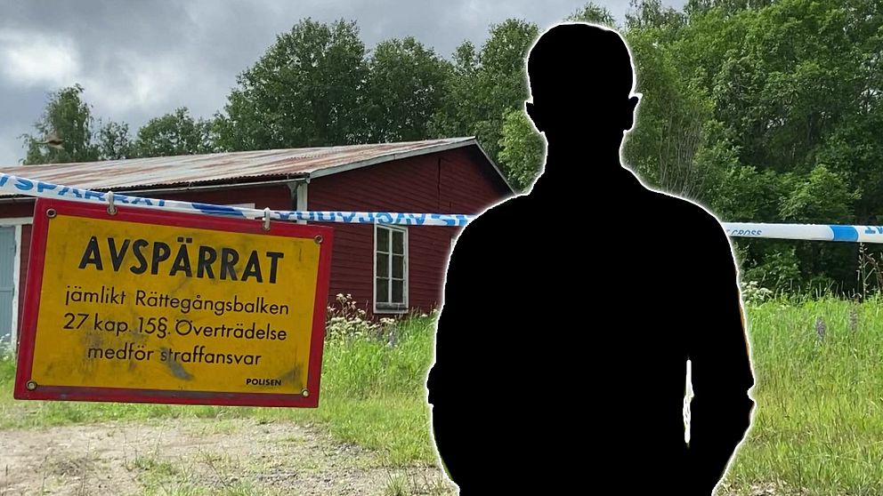 En avspärrad väg med en gul skylt som säger ”AVSPÄRRAT” hänger i förgrunden, framför en röd byggnad. Bakom skylten syns en oklar silhuett av en person.