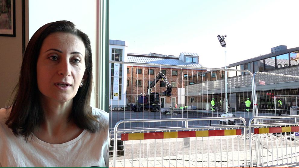 Delad bild med en kvinna till vänster och en inhägnad arbetsplats där byggarbetare lägger sten