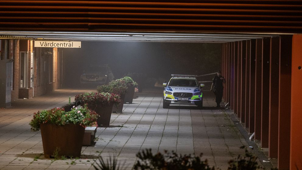 En polisbil står parkerad under en byggnad i dimmigt, nattligt ljus vid en vårdcentral. Vårdcentralens skylt är synlig ovanför ingången, och det finns gröna växter i stora krukor längs gången. En person syns i närheten av bilen.