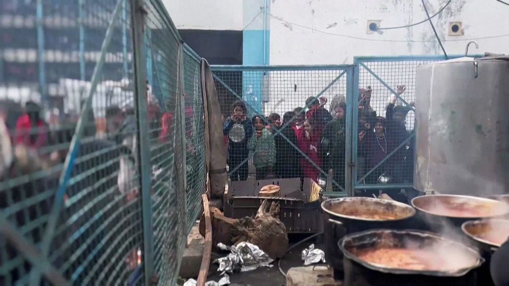 Människor köar vid stängsel för matutdelning i Gaza under pågående svältkris.