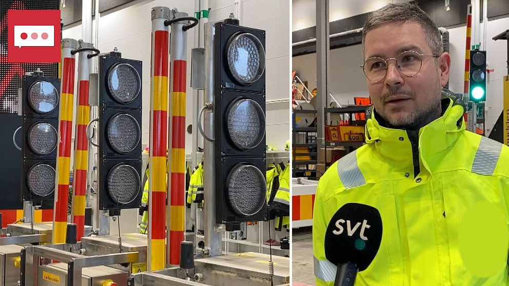Uppställda trafikljus och Pierre Norberg, platschef på Ramudden i Sundsvall.
