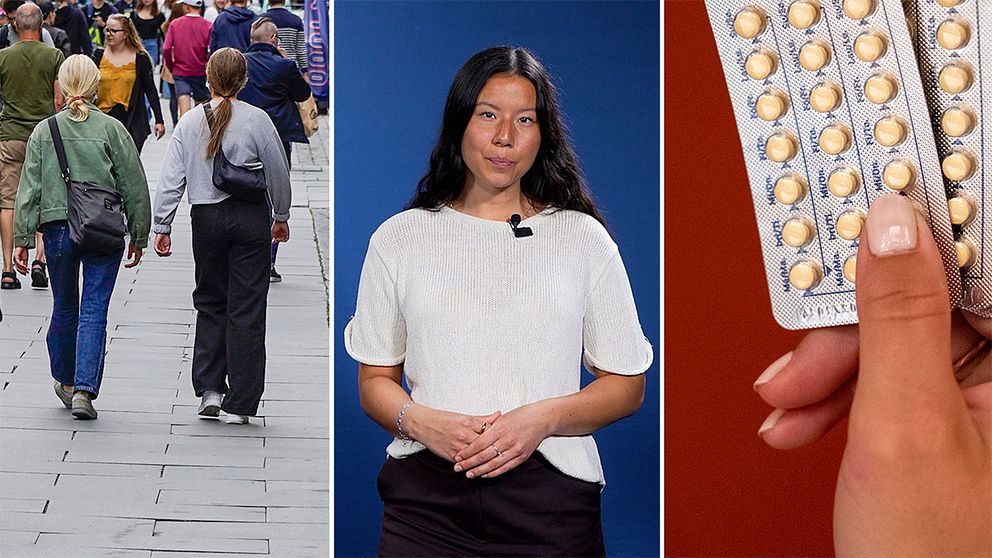 Tredelad bild. Till vänster två kvinnor som går på en gågata. I mitten SVT:s reporter som står i en studio med en blå bakgrund. Till höger en hand som håller p-pillerkartor mot en röd bakgrund.