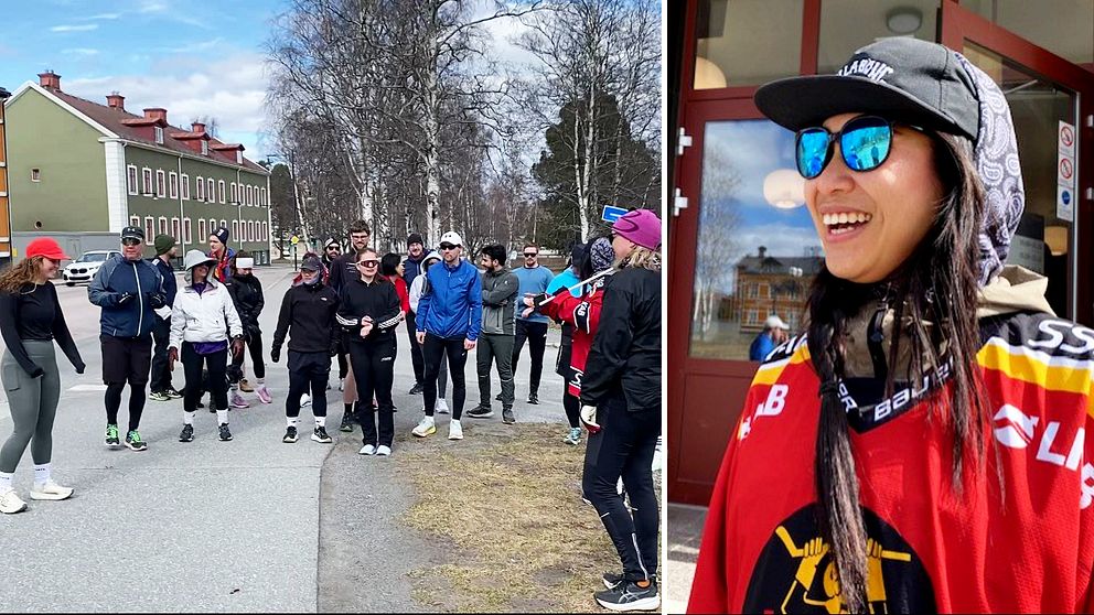 Delad bild. Till vänster: löpare samlas utomhus. Till höger: person i röd sporttröja utanför byggnad.
