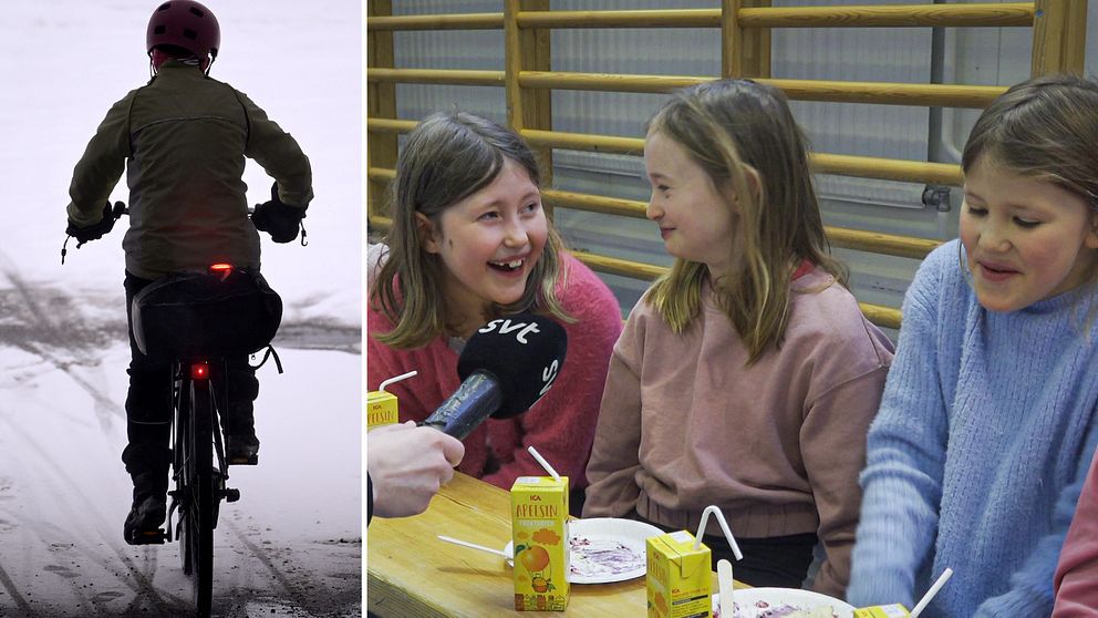Till höger tre elever på en skola i Örebro som skrattar. Till vänster en cyklist som cyklar på vintern sedd bakifrån.