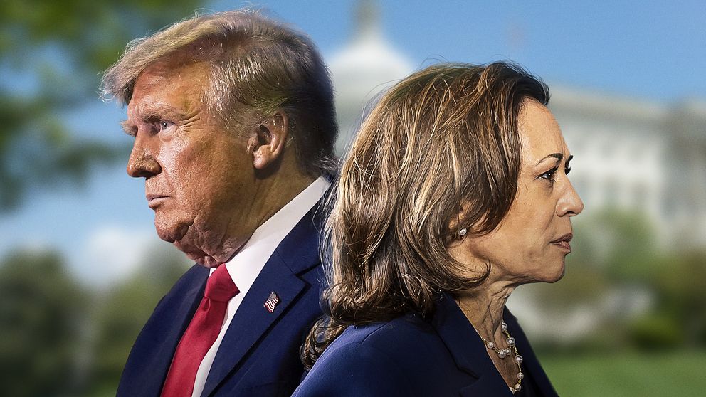 Republikanernas Donald Trump och Demokraternas Kamala Harris tittar åt varsitt håll framför en suddig bild på Vita huset.