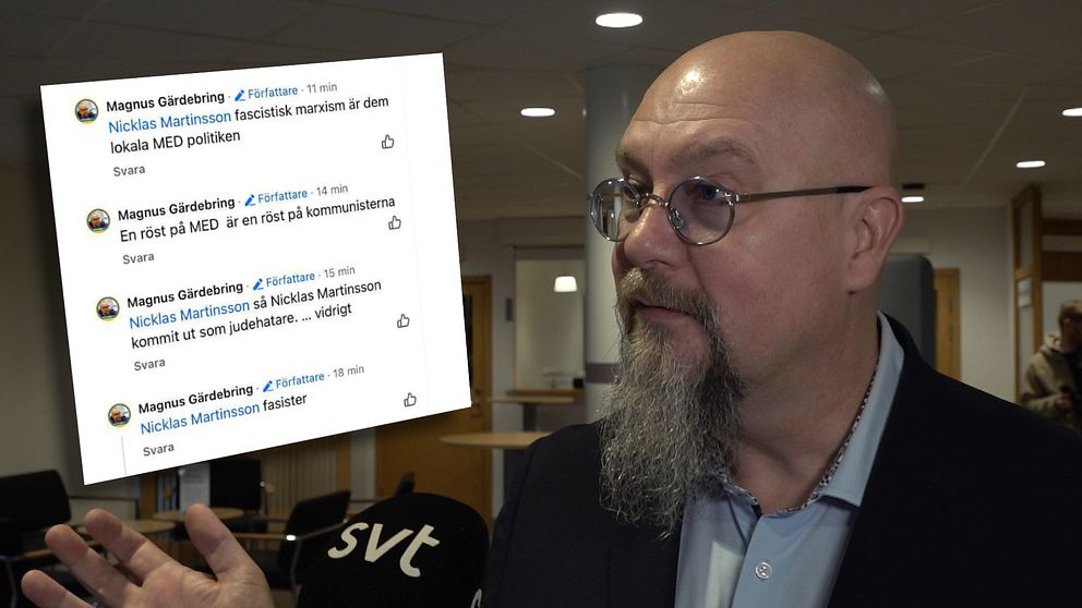 Magnus Gärdebring visar upp sina inlägg i sociala medier under en intervju inomhus.