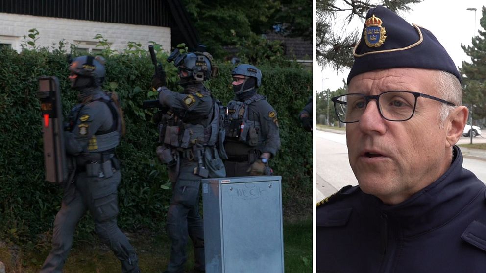 Insatsstyrkan utanför en bostad i Skurup. Stefan Sintéus, kommenderingschef i södra Sverige för den nationella insatsen Frigg.