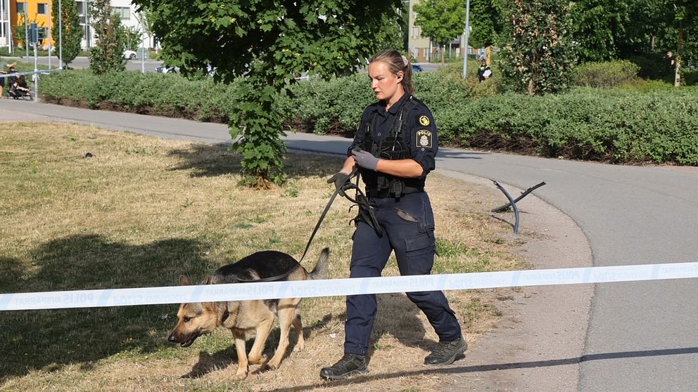 En polis med en hund vid ett avspärrat område.