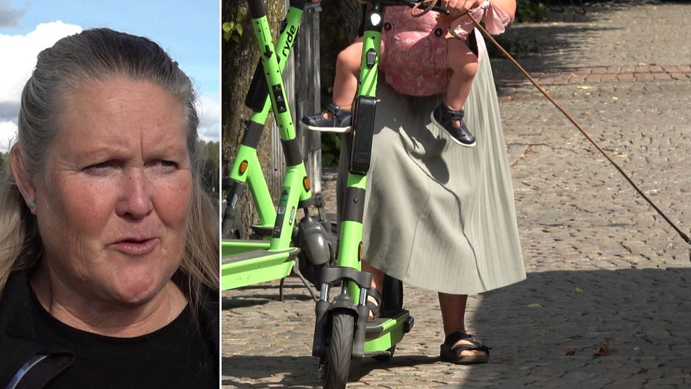 En delad bild som visar två olika scener. Den vänstra sidan visar en person med långt hår i en svart tröja, och den högra sidan visar en kvinna i en lång, ljusgrå kjol som står vid en grön el-scooter medan hon håller ett barn. Det framgår att de befinner sig på en asfalterad väg.