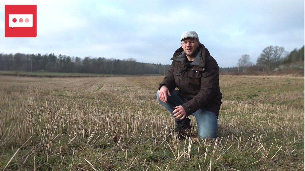 En person klädd i mörk jacka och jeans sitter på huk i ett öppet fält med kortklippt gräs eller stubb. I bakgrunden syns en skogskant och en molnig himmel.