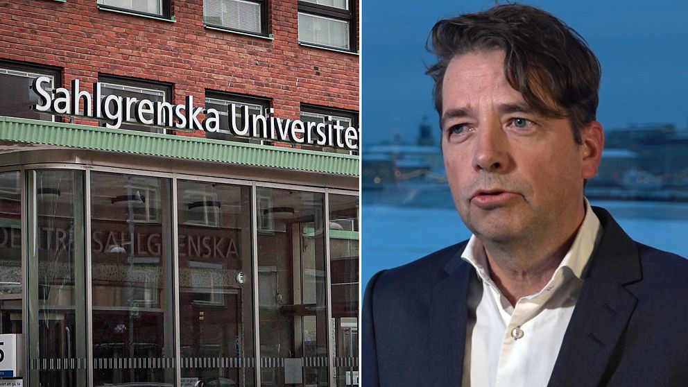 Till vänster fasad på Sahlgrenska sjuhkhuset. Till höger ekonomidirektör Anders Glansén.