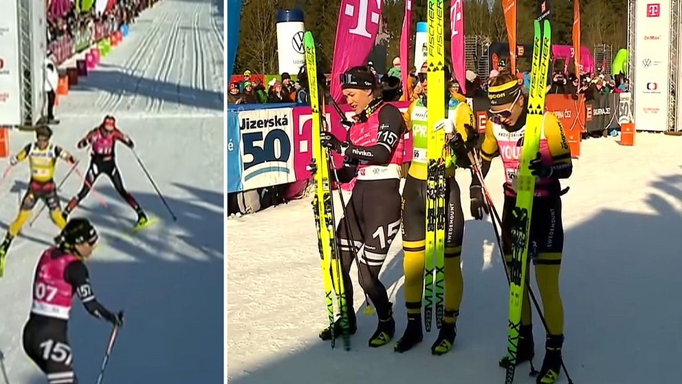 Vänstra sektionen visar flera längdskidåkare i en tävling, åkandes på snöspår. Högra sektionen visar tre skidåkare stående tillsammans med sina skidor, iklädda tävlingsdräkter och nummerlappar, i närheten av målområdet.
