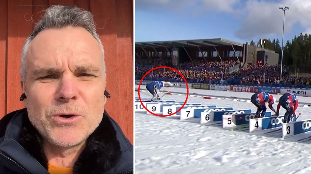 Delad bild. Till vänster: oskarp närbild av person. Till höger: skidtävling med nummermarkerad målplats.